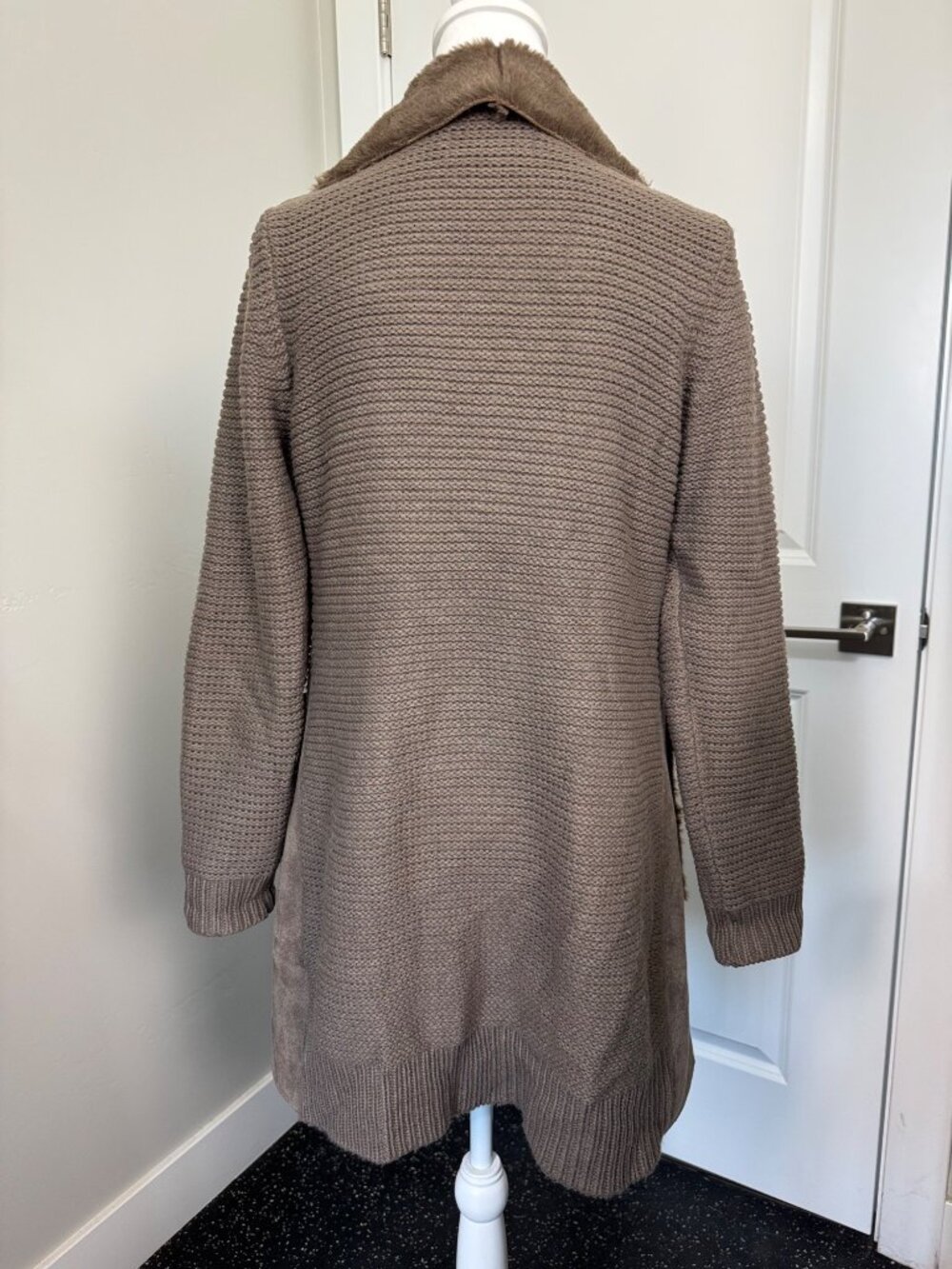 Anthropologie Sweater M Taupe Faux Suede Knit Long Coat W/Faux Shearling Collar - Picture 7 of 12